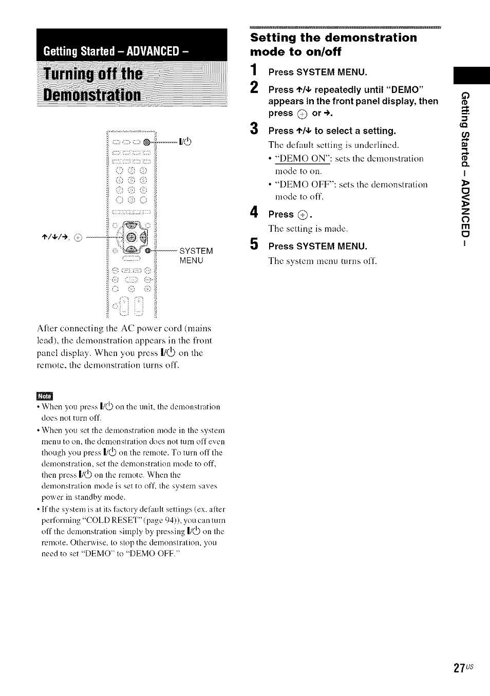 Setting the demonstration mode to on/off, Turning off the demonstration, Getting started - advanced | Sony DA V-HDX5OO User Manual | Page 27 / 120