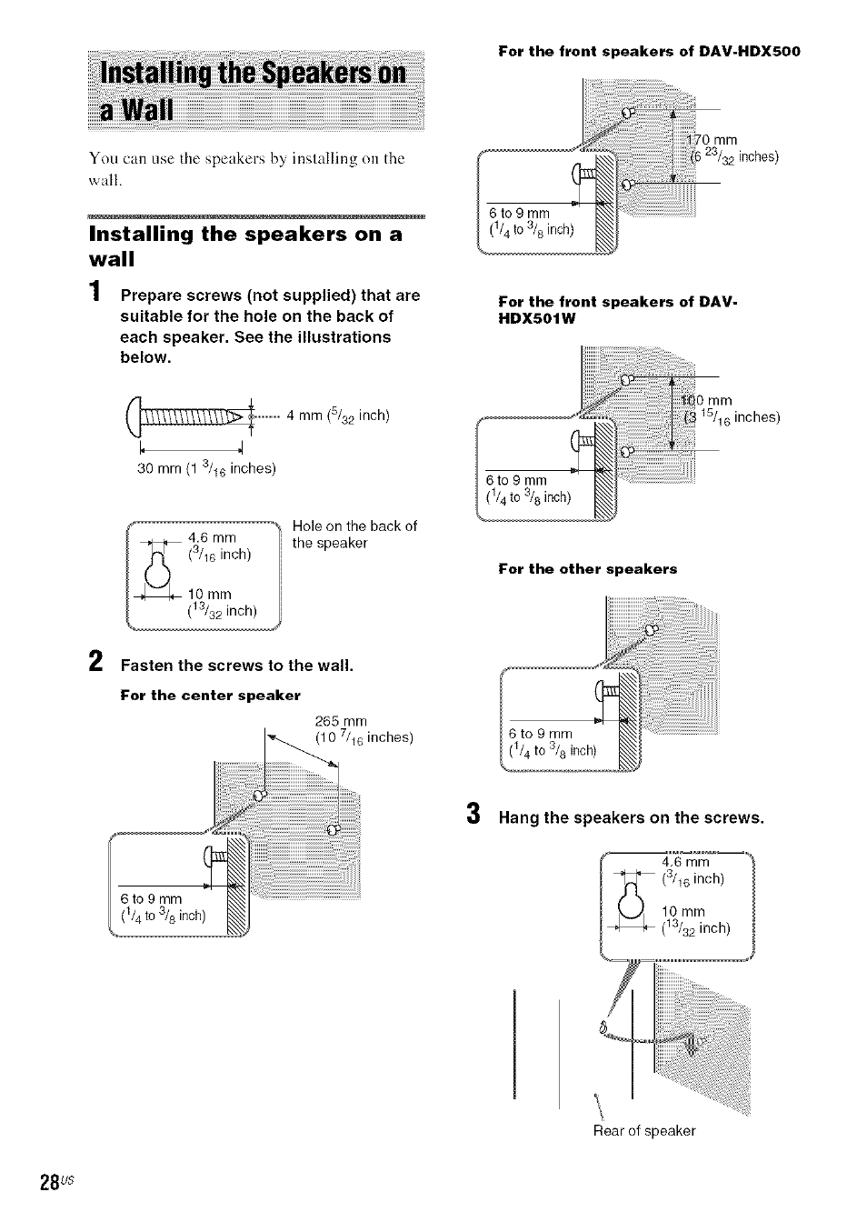 Installing the speakers on a wall | Sony DA V-HDX5OO User Manual | Page 28 / 120
