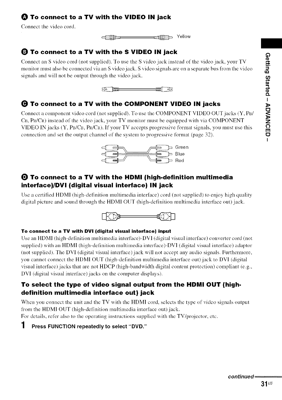 O to connect to a tv with the video in jack, To connect to a tv with the s video in jack | Sony DA V-HDX5OO User Manual | Page 31 / 120