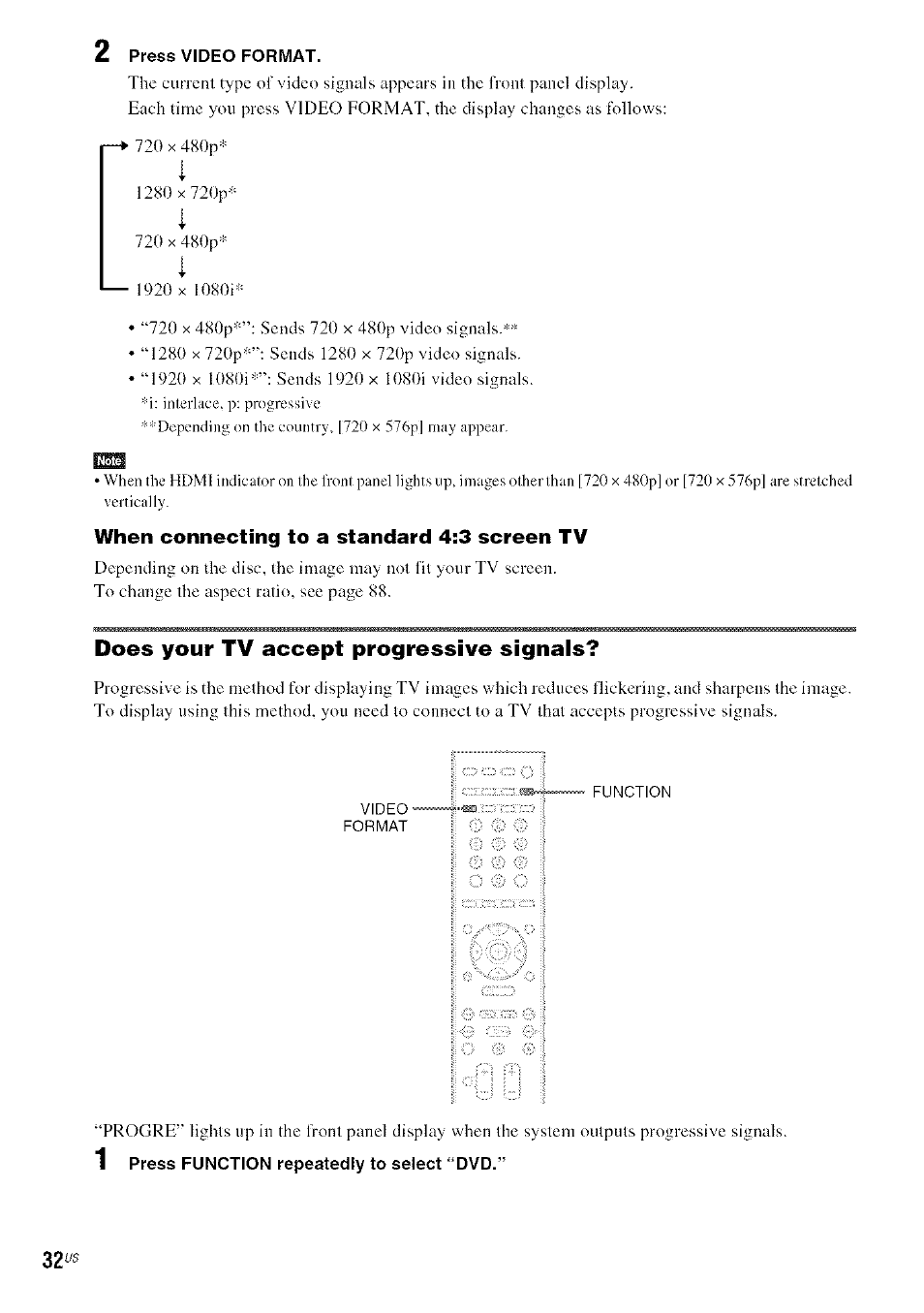 When connecting to a standard 4:3 screen tv, Does your tv accept progressive signals | Sony DA V-HDX5OO User Manual | Page 32 / 120