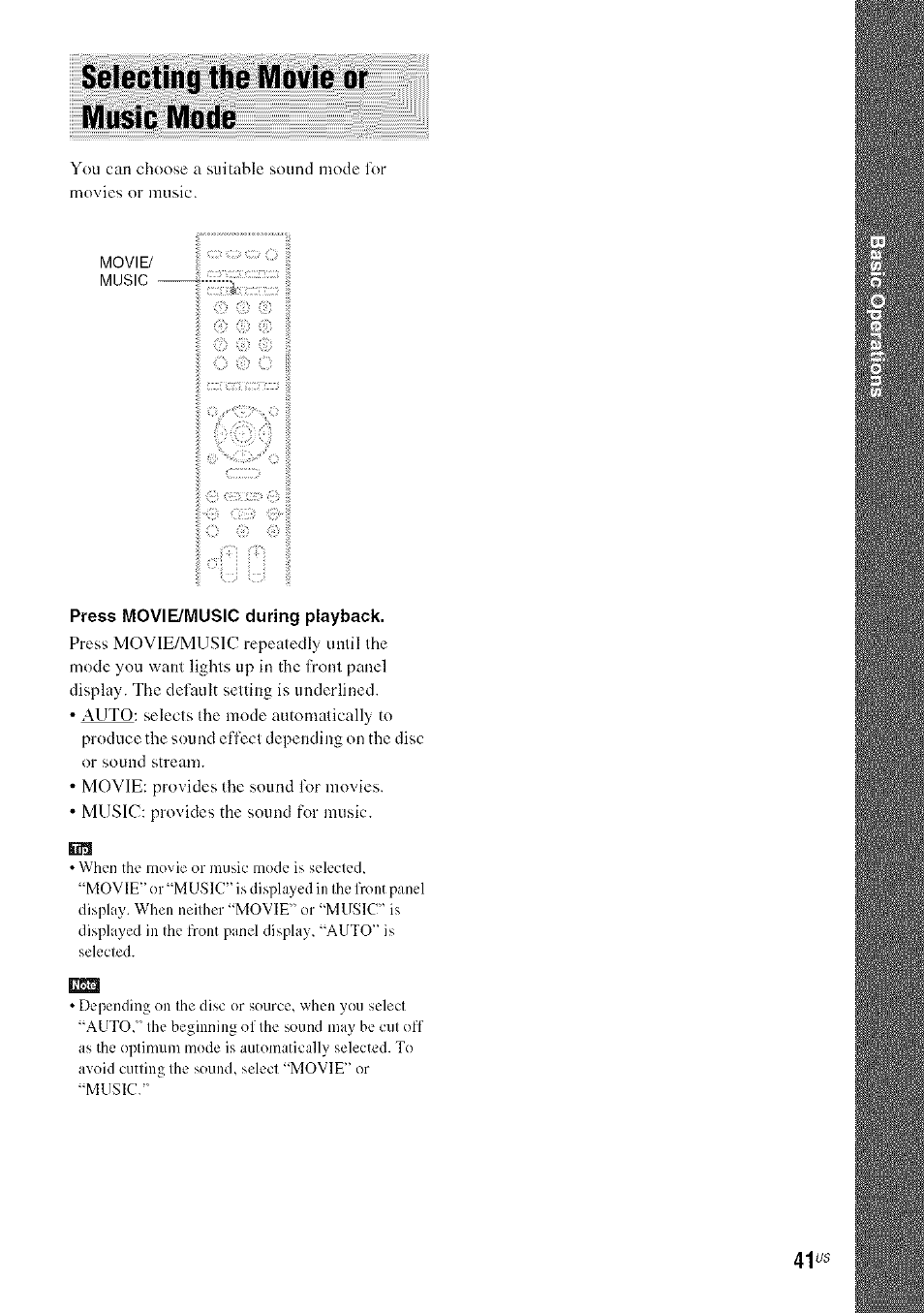 Selecting the movie or music mode, 41 os | Sony DA V-HDX5OO User Manual | Page 41 / 120