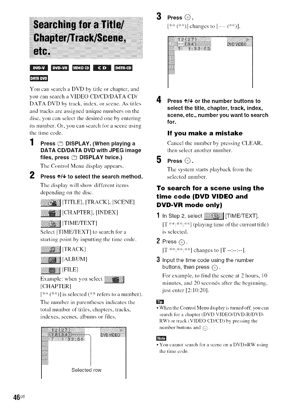 If you make a mistake, Searching for a title/ chapterarack/scene, etc | Sony DA V-HDX5OO User Manual | Page 46 / 120