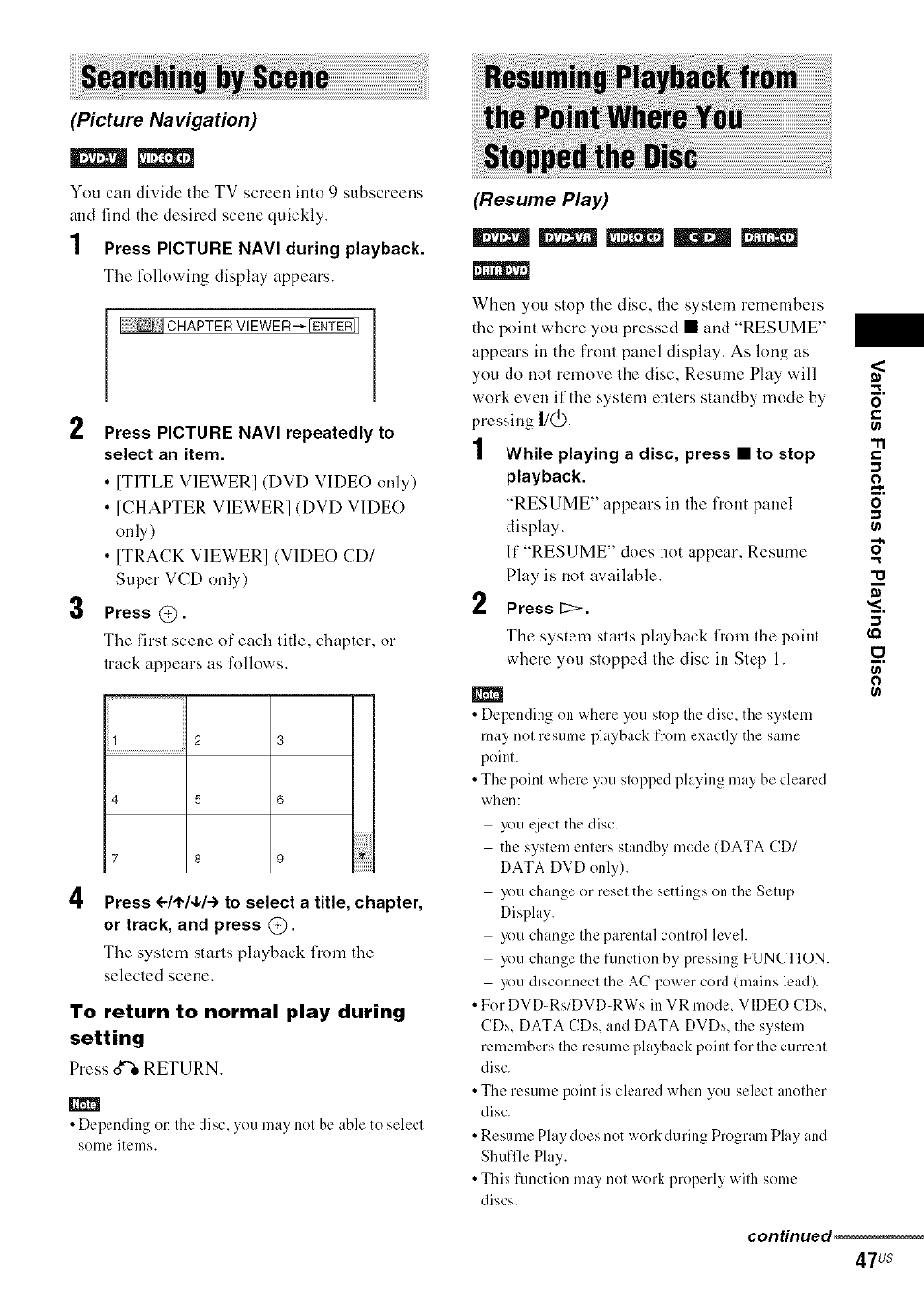 Searching by scene, To return to normal play during setting | Sony DA V-HDX5OO User Manual | Page 47 / 120
