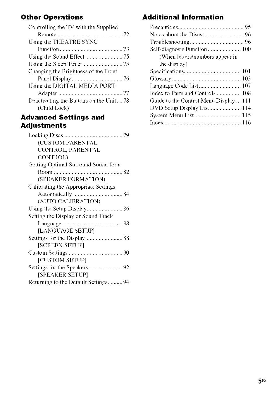 Other operations, Advanced settings and adjustments | Sony DA V-HDX5OO User Manual | Page 5 / 120