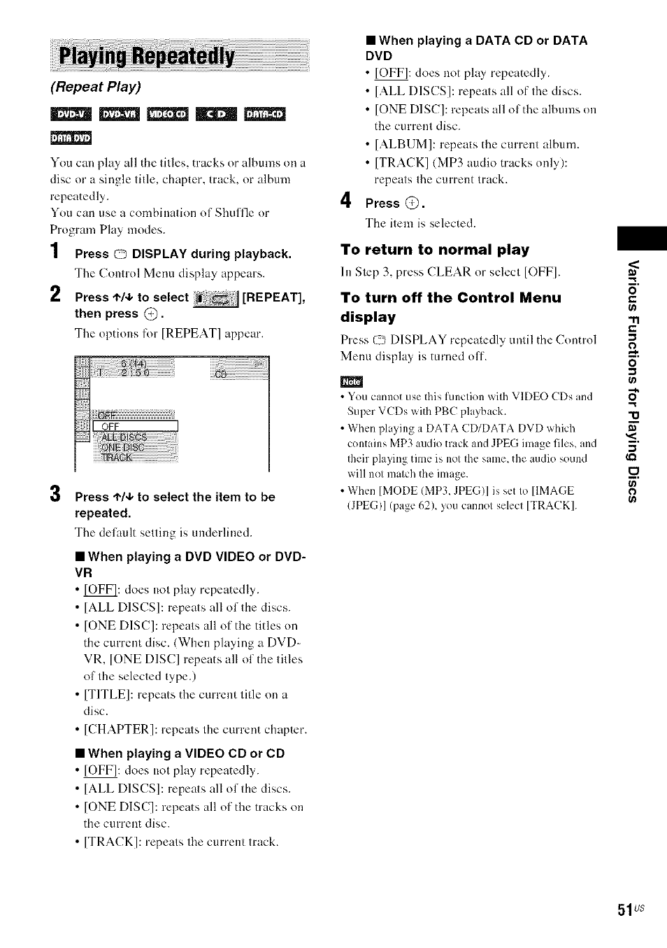 Playing repeatedly, To return to normal play, To turn off the control menu display | Sony DA V-HDX5OO User Manual | Page 51 / 120