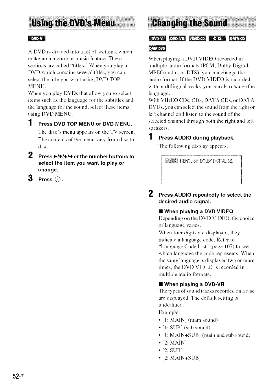Using the dvd’s menu, Changing the sound, 122шз | Using the dvd’s menu changing the sound, 52iis | Sony DA V-HDX5OO User Manual | Page 52 / 120