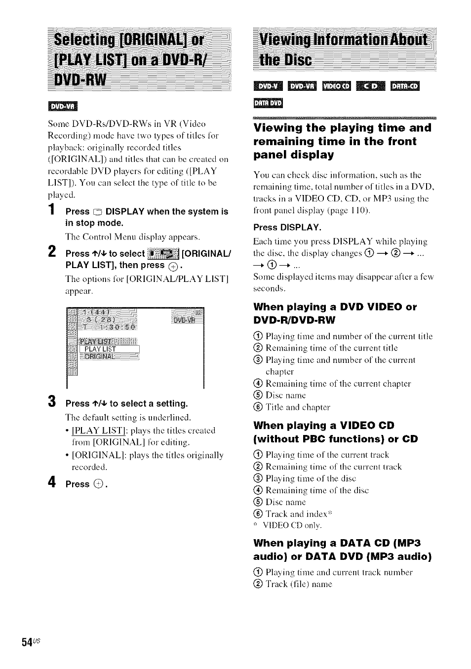 When playing a dvd video or dvd-r/dvd-rw, Viewing information about the disc | Sony DA V-HDX5OO User Manual | Page 54 / 120