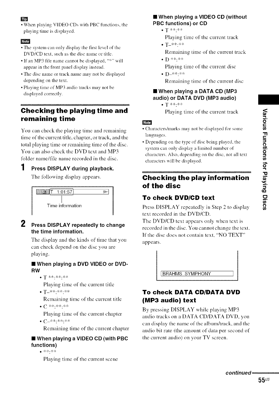 Checking the play information of the disc, To check dvd/cd text, To check data cd/data dvd (mp3 audio) text | Sony DA V-HDX5OO User Manual | Page 55 / 120