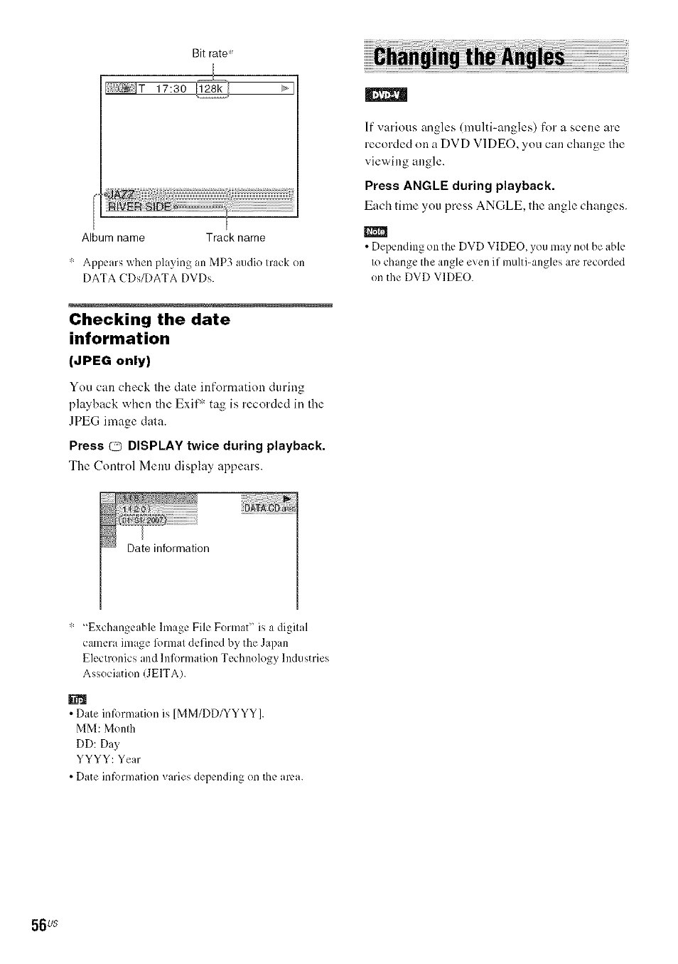 Changing the angles, Checking the date information | Sony DA V-HDX5OO User Manual | Page 56 / 120