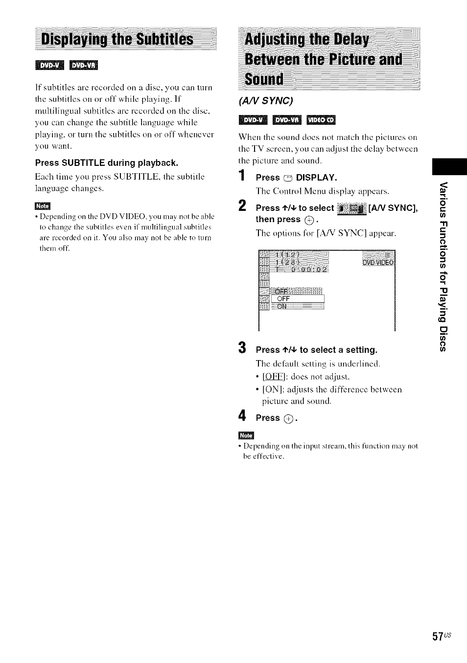 Displaying the subtitles, Adjusting the delay between the picture and sound | Sony DA V-HDX5OO User Manual | Page 57 / 120
