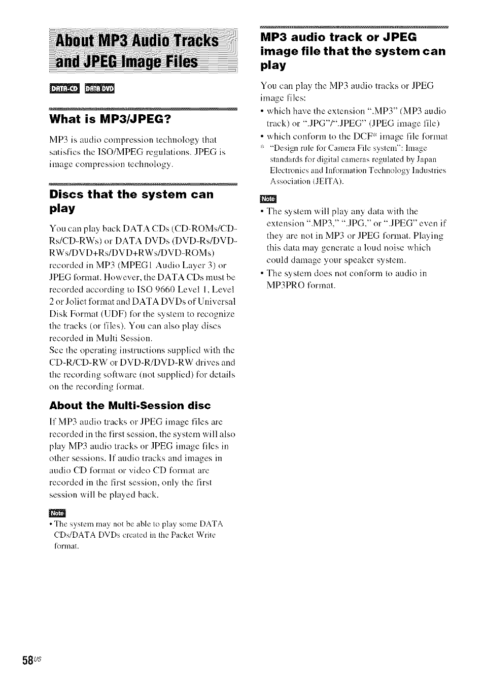 About mp3 audio tracks and jpeg image files, Rn7!wi rtmtoi, What is mp3/jpeg | Discs that the system can play, About the multi-session disc | Sony DA V-HDX5OO User Manual | Page 58 / 120