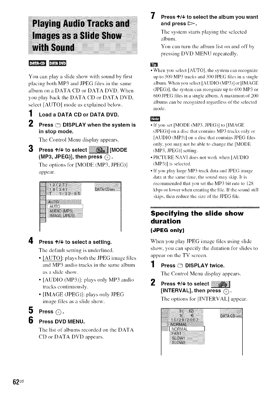 Specifying the siide show duration | Sony DA V-HDX5OO User Manual | Page 62 / 120