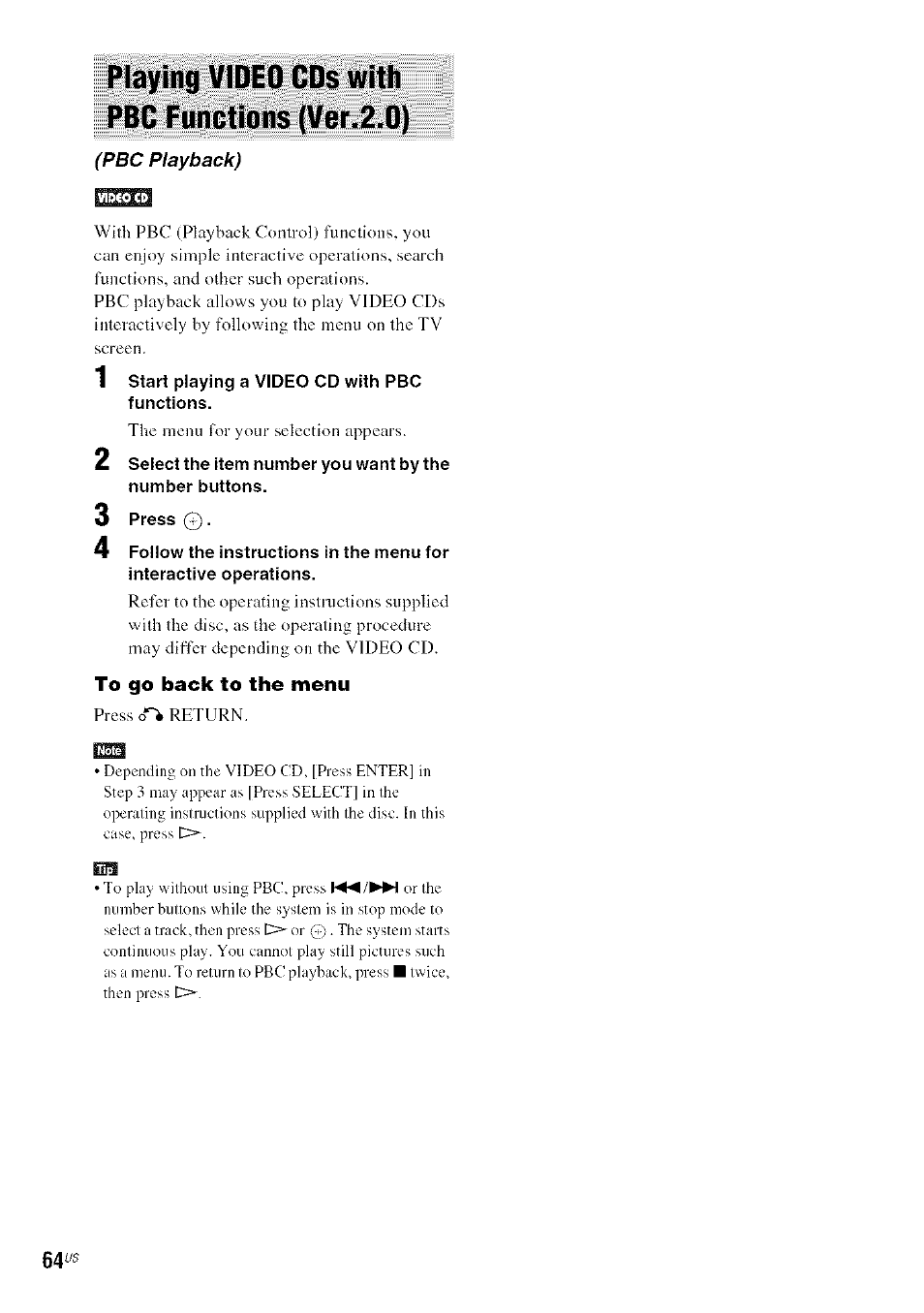 Playing video cds with pbc functions (ver.2.0), Гпдягя, To go back to the menu | Sony DA V-HDX5OO User Manual | Page 64 / 120