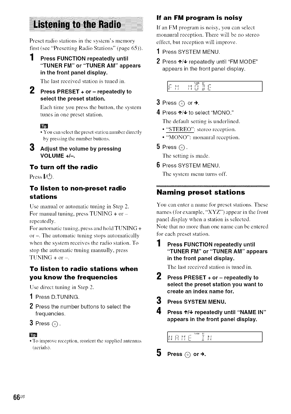 Listening to the radio, To turn off the radio, To listen to non-preset radio stations | If an fm program is noisy, Naming preset stations | Sony DA V-HDX5OO User Manual | Page 66 / 120