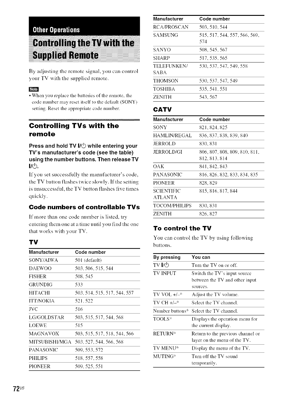Other operations, Controlling the tv with the supplied remote, Controlling tvs with the remote | Code numbers of controllable tvs, To control the tv, L/(!), Catv | Sony DA V-HDX5OO User Manual | Page 72 / 120