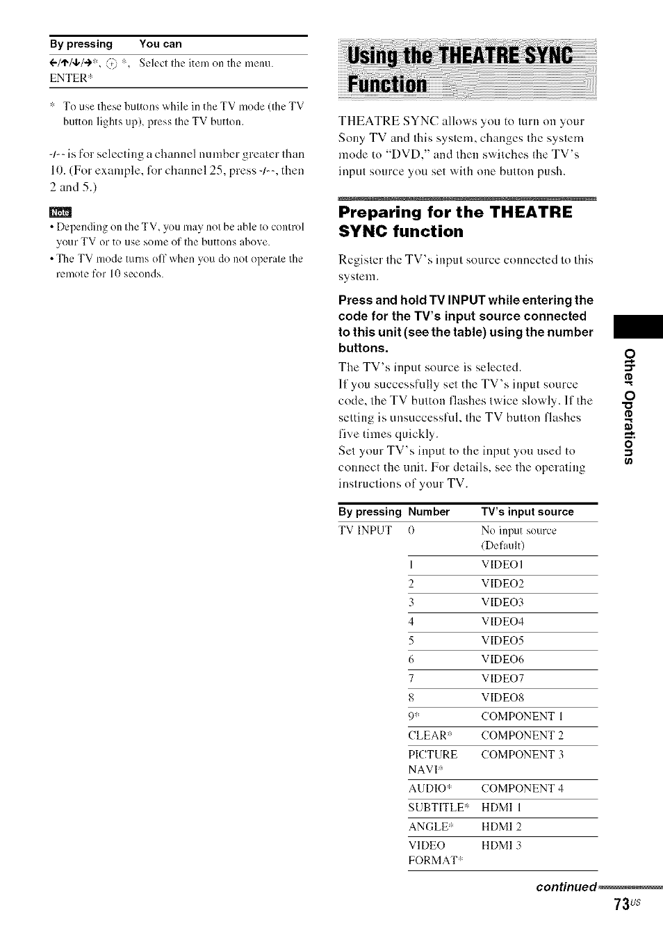 Using the theatre sync function, Preparing for the theatre sync function | Sony DA V-HDX5OO User Manual | Page 73 / 120