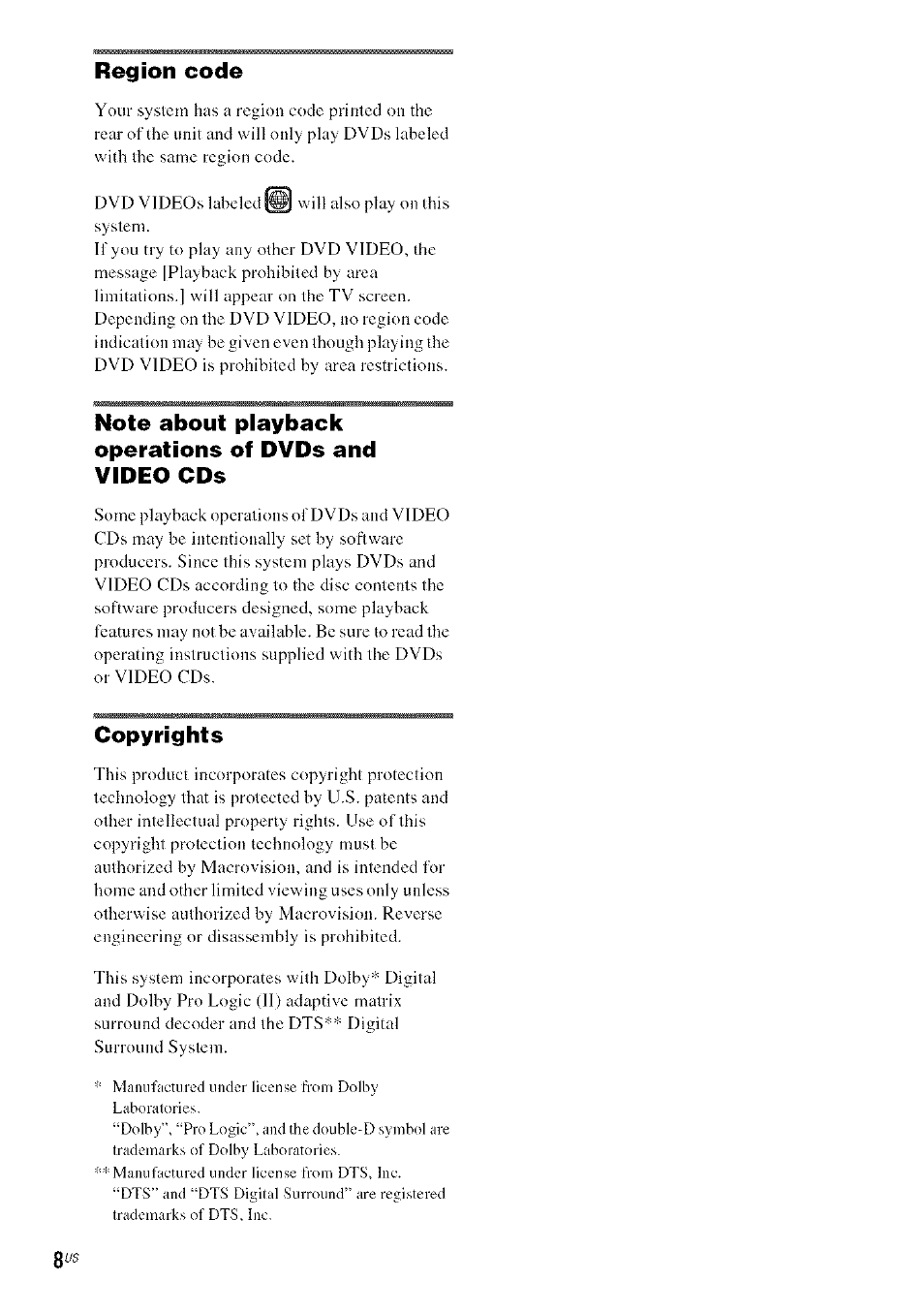 Region code, Copyrights | Sony DA V-HDX5OO User Manual | Page 8 / 120