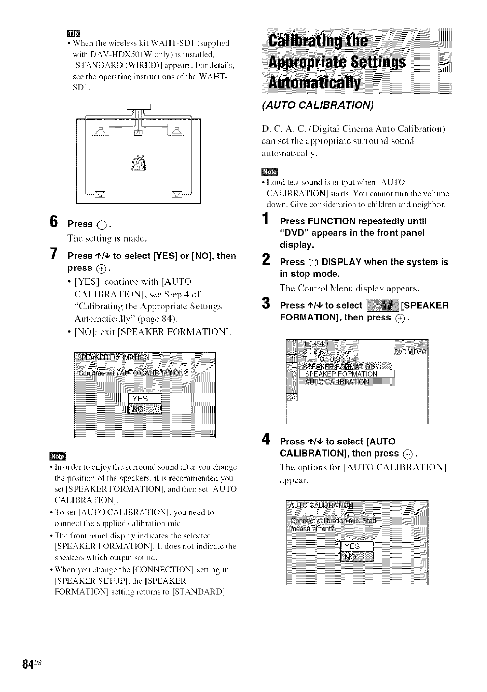 Calibrating the appropriate settings automatically | Sony DA V-HDX5OO User Manual | Page 84 / 120