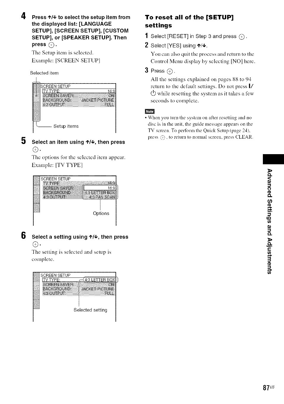 To reset all of the [setup] settings | Sony DA V-HDX5OO User Manual | Page 87 / 120