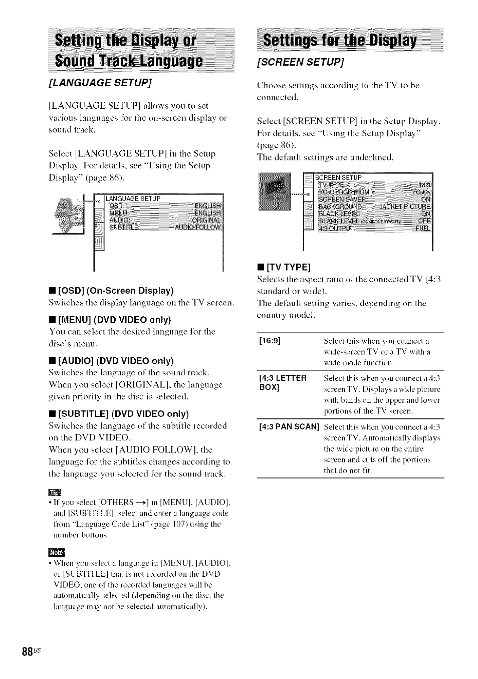Setting the display or sound track language, Osd] (on-screen display), Subtitle] (dvd video only) | Settings for the display, Itv type | Sony DA V-HDX5OO User Manual | Page 88 / 120