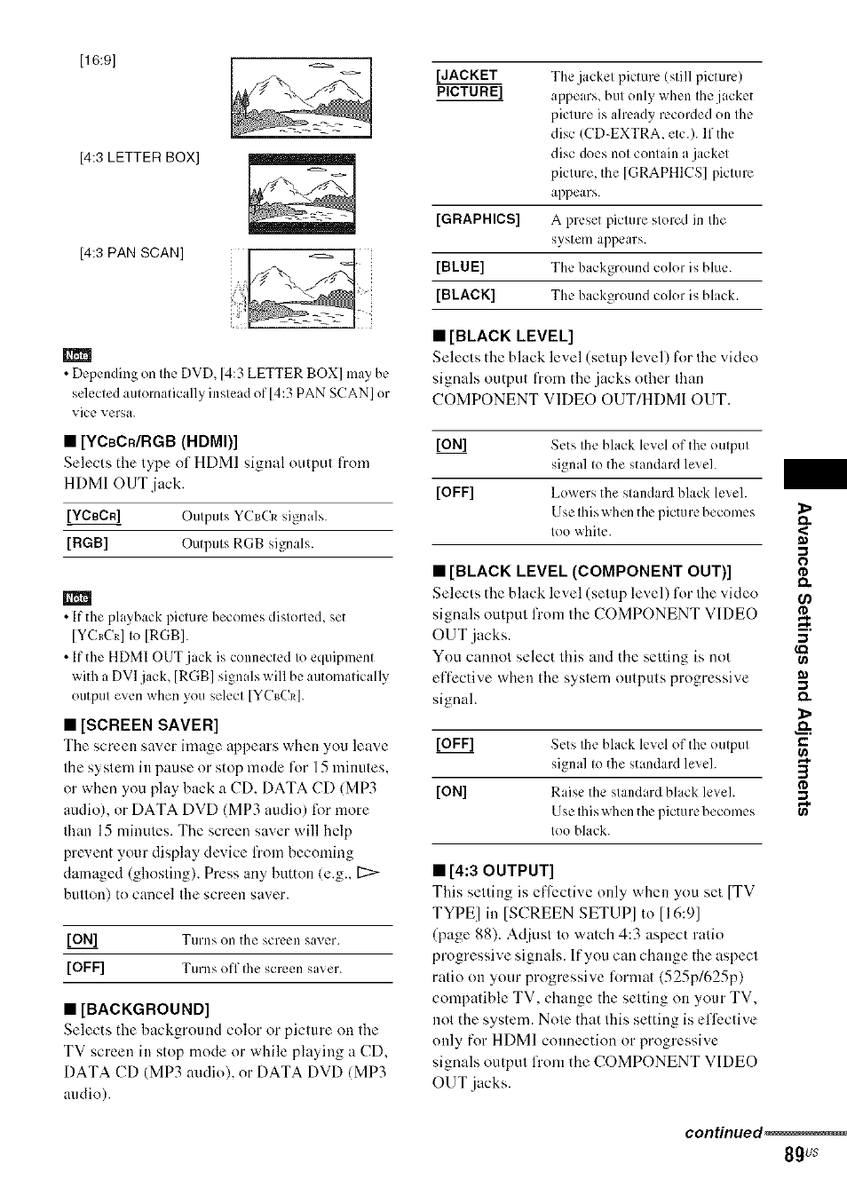 Screen saver, Background, 3 output | Sony DA V-HDX5OO User Manual | Page 89 / 120
