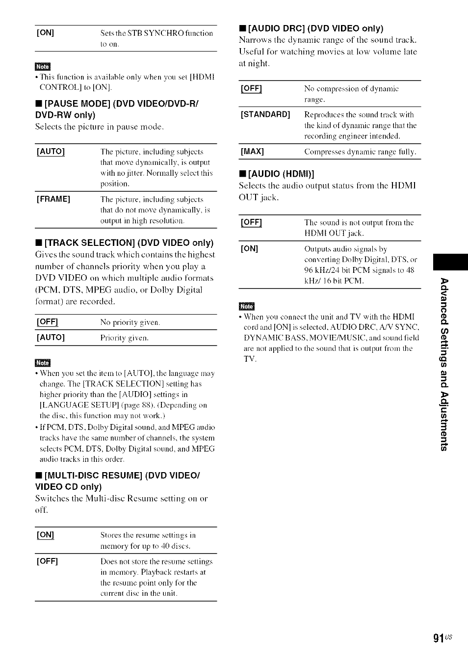 Pause mode] {dvd video/dvd-r/ dvd-rw only), Track selection] (dvd video only), Audio drc] (dvd video only) | Sony DA V-HDX5OO User Manual | Page 91 / 120