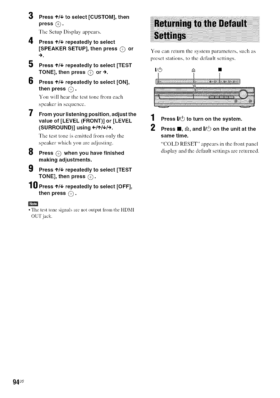 Returning to the default settings | Sony DA V-HDX5OO User Manual | Page 94 / 120
