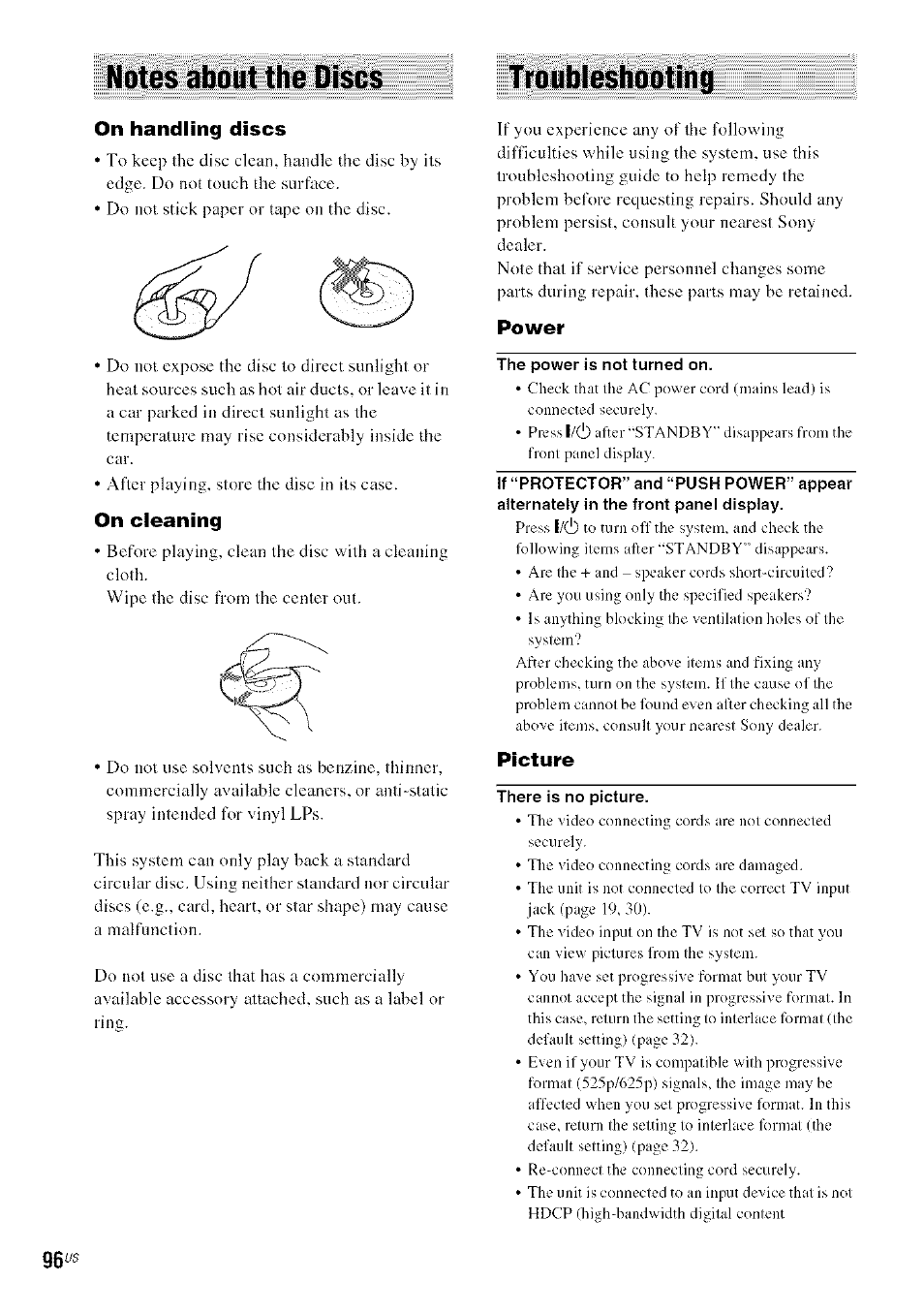 Notes about the discs, On handling discs, On cleaning | Power, Picture, L/(!) | Sony DA V-HDX5OO User Manual | Page 96 / 120