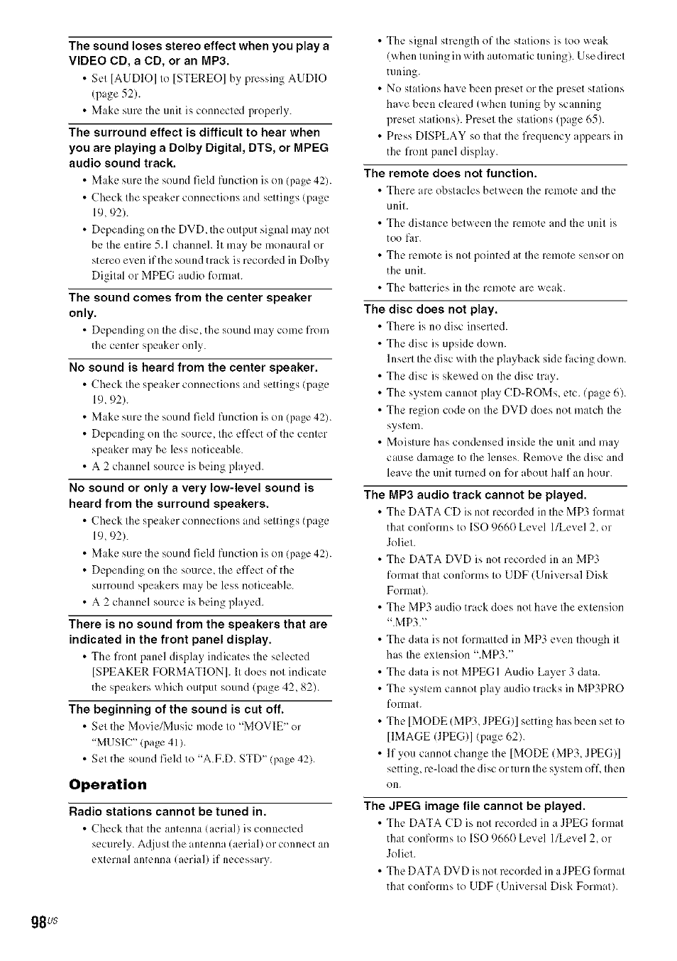 Operation | Sony DA V-HDX5OO User Manual | Page 98 / 120
