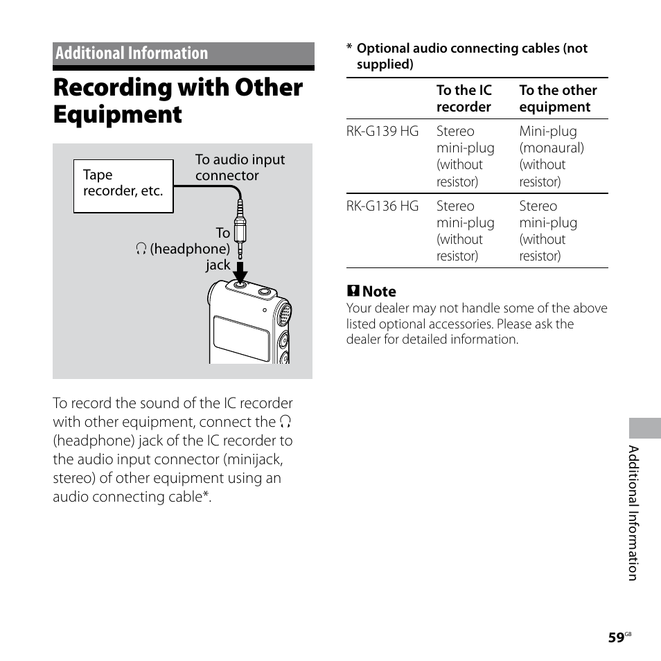 Additional information, Recording with other equipment | Sony ICD-UX60 User Manual | Page 59 / 68