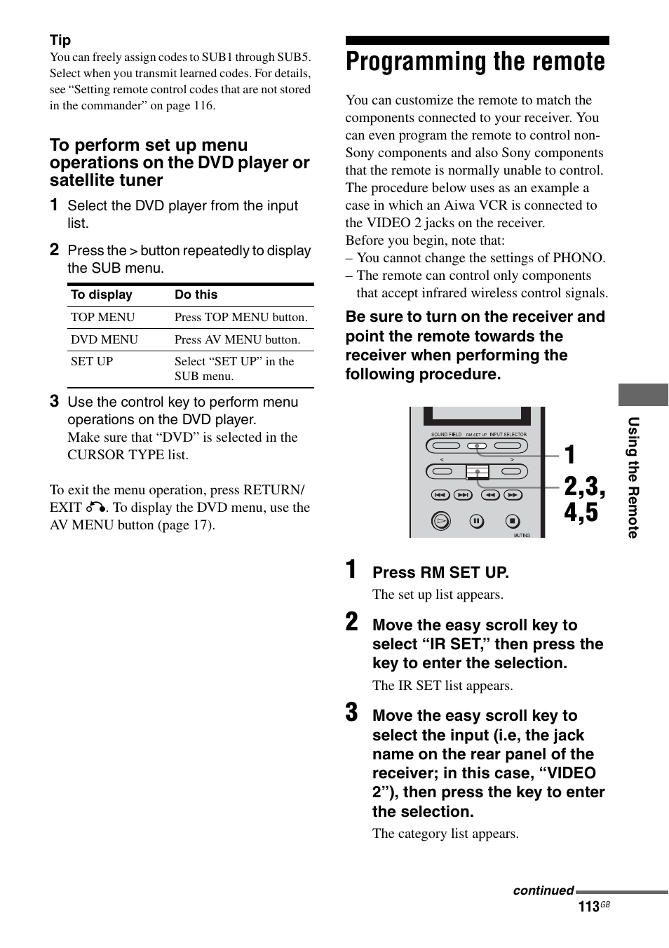 Programming the remote, E 113, Ge 113 | Sony STR-DA7100ES User Manual | Page 113 / 139