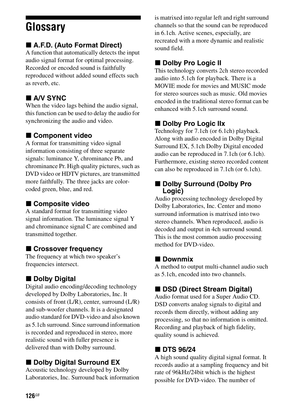 Glossary | Sony STR-DA7100ES User Manual | Page 126 / 139