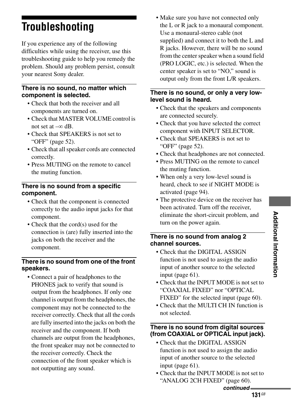 Troubleshooting | Sony STR-DA7100ES User Manual | Page 131 / 139