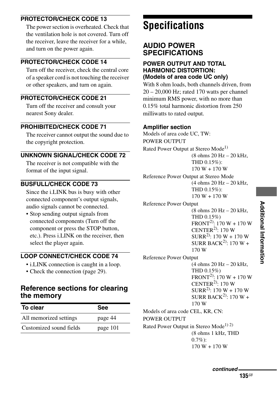 Specifications, Audio power specifications | Sony STR-DA7100ES User Manual | Page 135 / 139