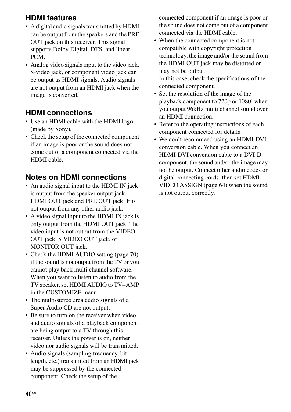 Hdmi features, Hdmi connections | Sony STR-DA7100ES User Manual | Page 40 / 139