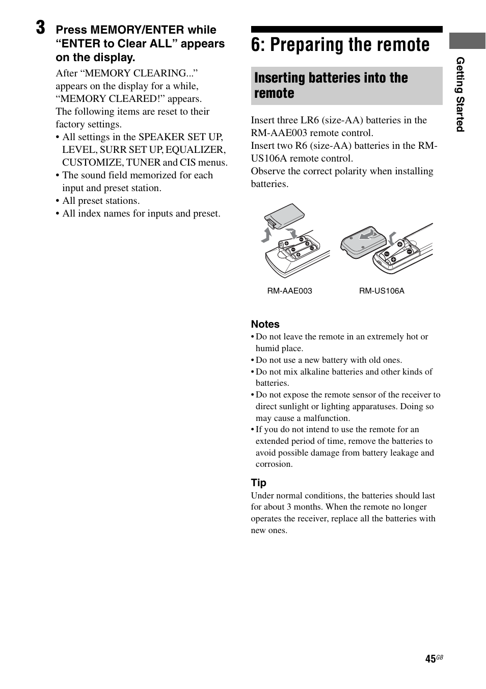 Preparing the remote, Inserting batteries into the remote | Sony STR-DA7100ES User Manual | Page 45 / 139