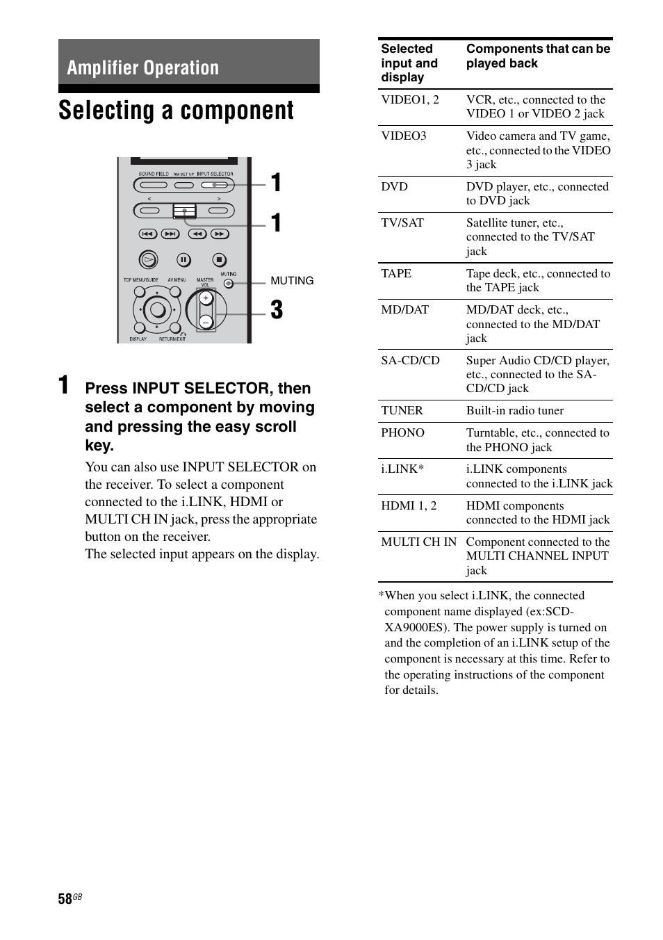 Amplifier operation, Selecting a component, E 58) | E 58, Selecting a component 1 | Sony STR-DA7100ES User Manual | Page 58 / 139