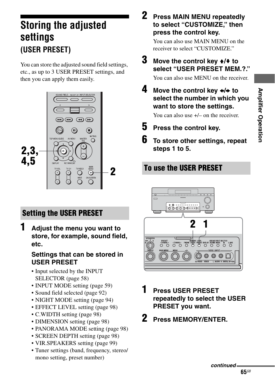 Storing the adjusted settings (user preset), Storing the adjusted settings, User preset) | E 65 | Sony STR-DA7100ES User Manual | Page 65 / 139