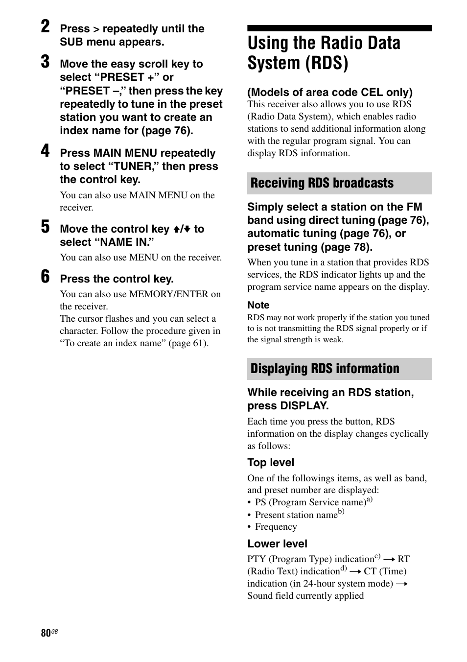 Using the radio data system (rds), Models of area code cel only) | Sony STR-DA7100ES User Manual | Page 80 / 139