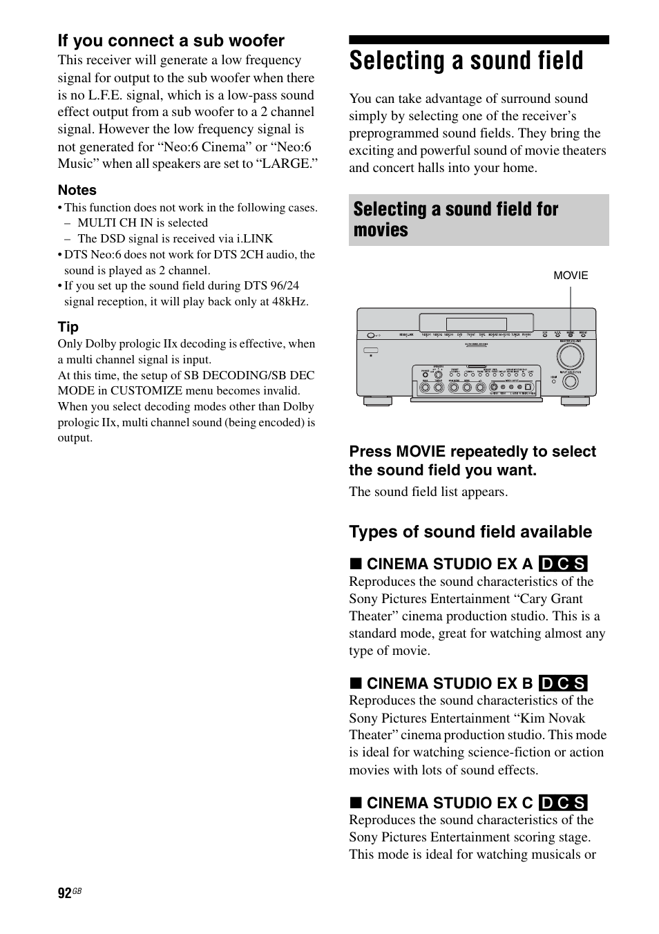 Selecting a sound field, E 92, E 92) | Selecting a sound field for movies, If you connect a sub woofer, Types of sound field available | Sony STR-DA7100ES User Manual | Page 92 / 139