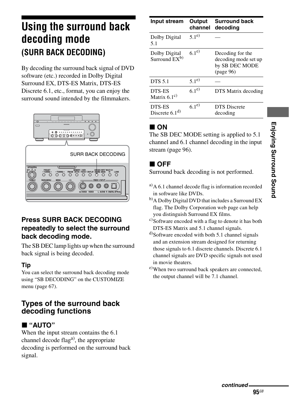 Using the surround back decoding mode, Surr back decoding), E 95 | See “types of the surround back decoding functions, Types of the surround back decoding functions, X “auto, X on, X off | Sony STR-DA7100ES User Manual | Page 95 / 139