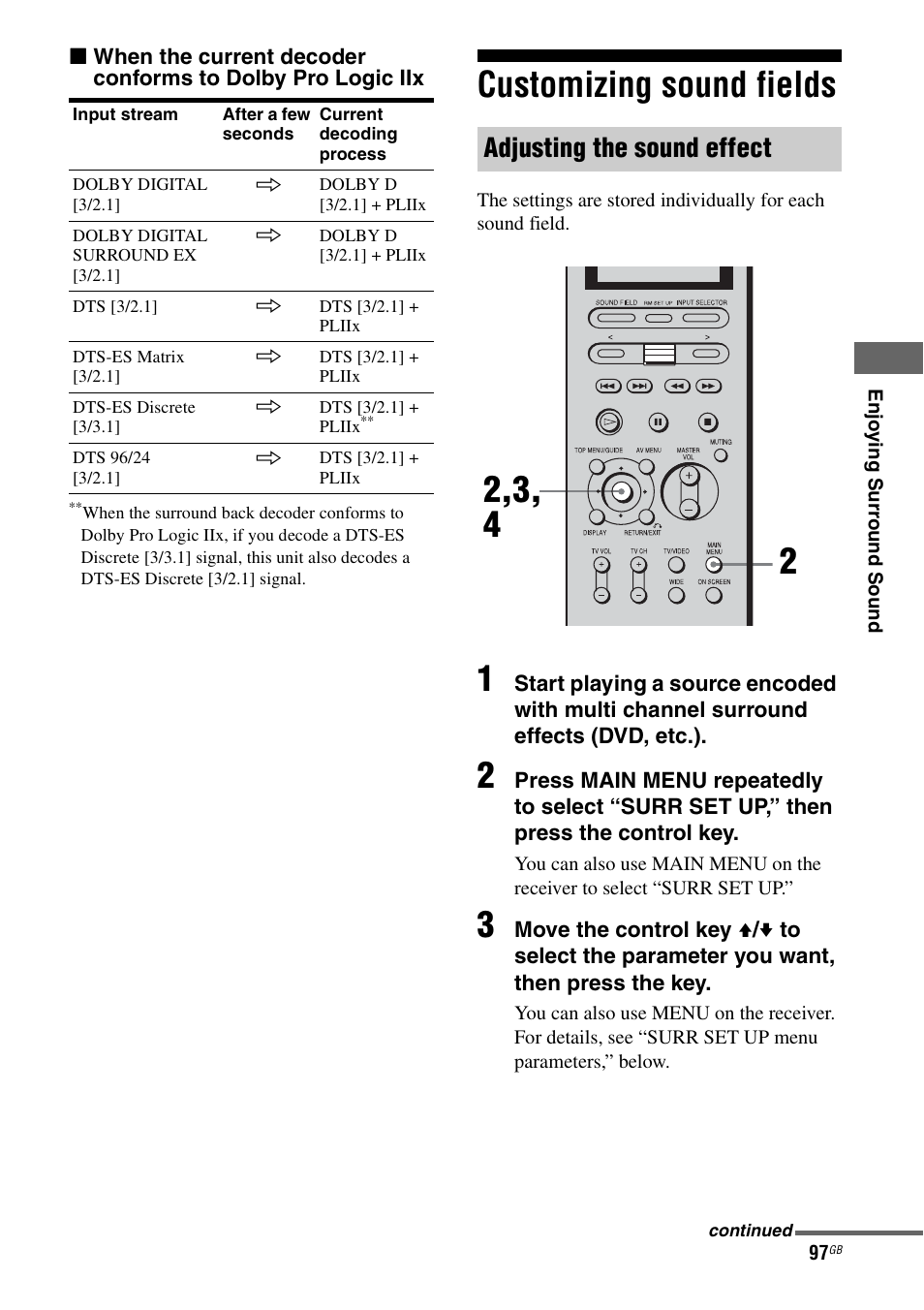 Customizing sound fields, 97 to 10, Adjusting the sound effect | Sony STR-DA7100ES User Manual | Page 97 / 139