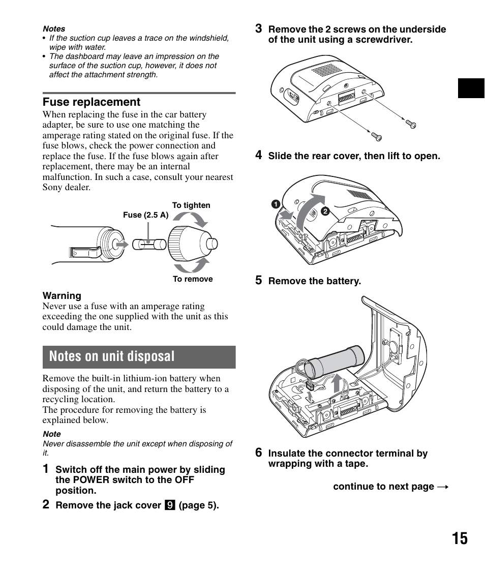 Fuse replacement, Notes on unit disposal | Sony NV-U71T User Manual | Page 15 / 56