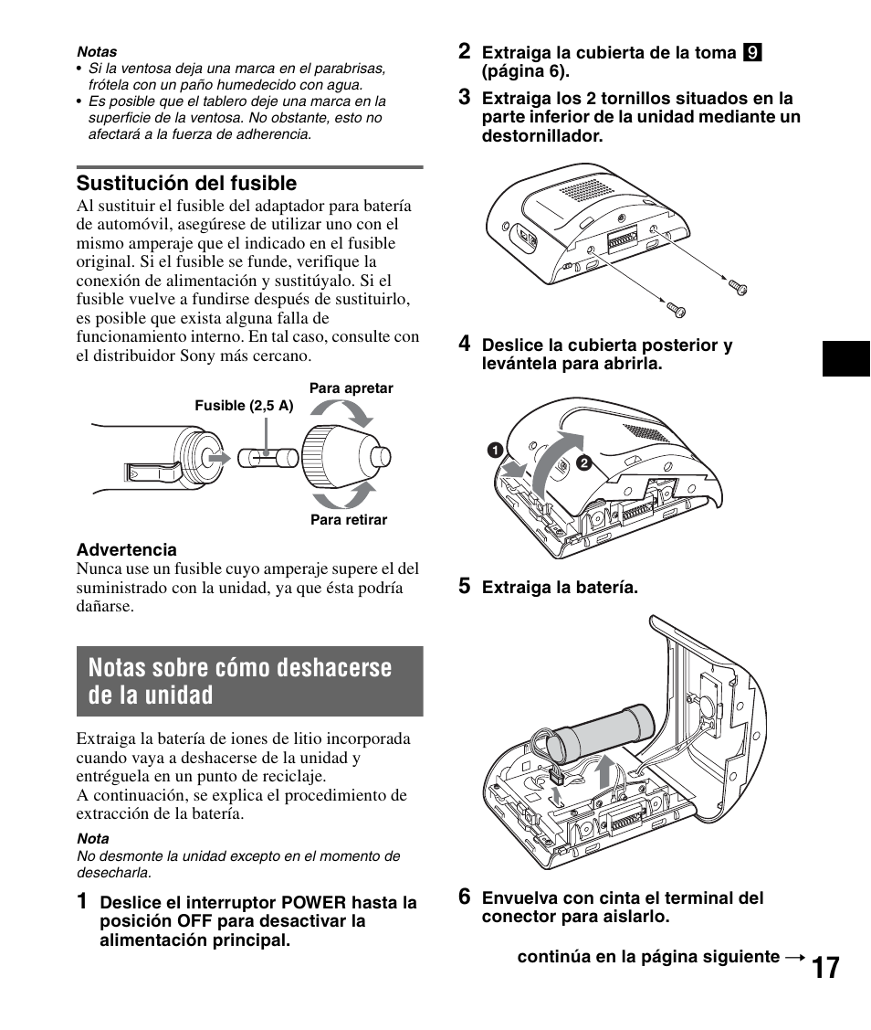 Sustitución del fusible, Notas sobre cómo deshacerse de la unidad, Notas sobre cómo deshacerse de | La unidad | Sony NV-U71T User Manual | Page 53 / 56