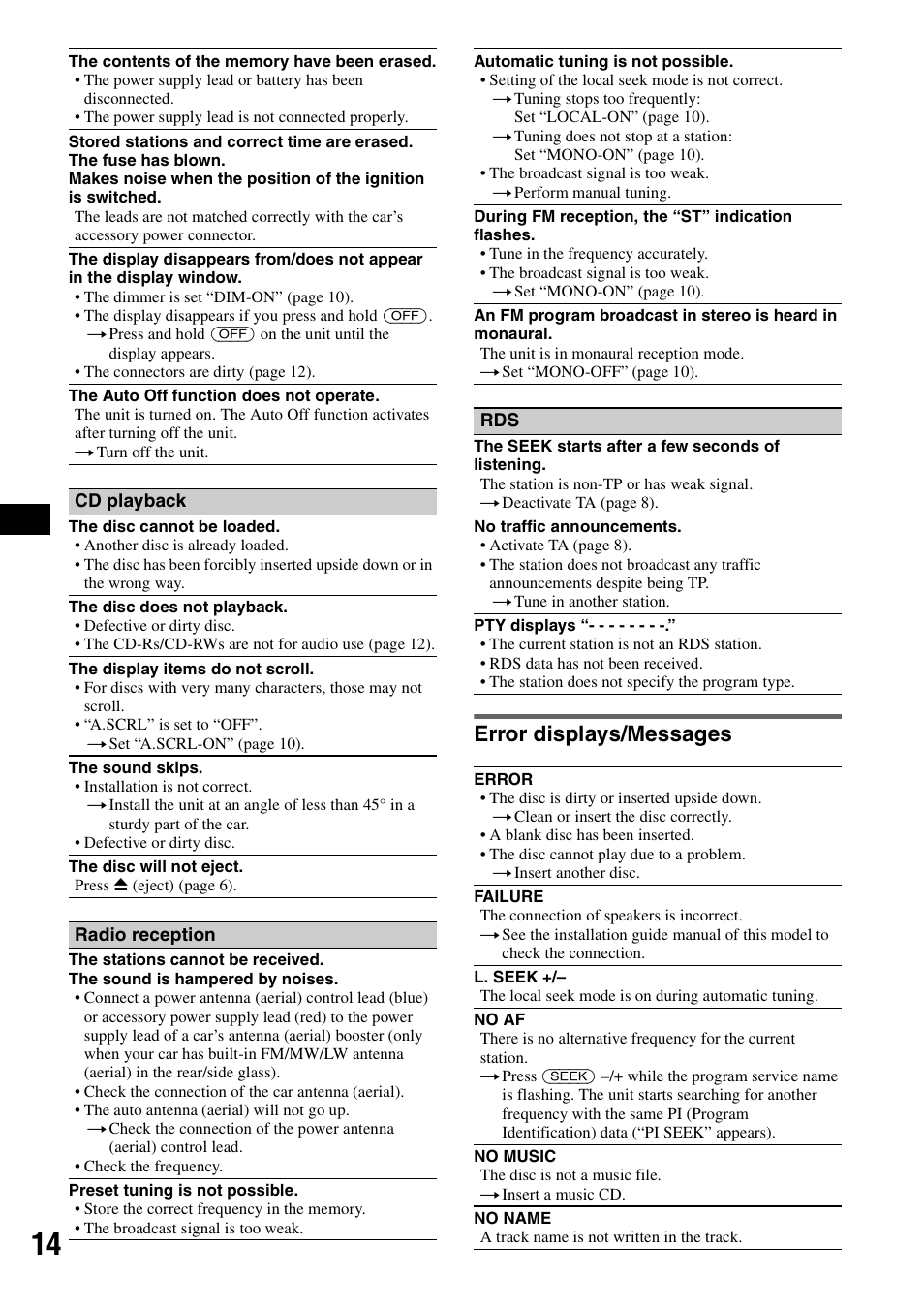 Error displays/messages | Sony CDX-GT111 User Manual | Page 14 / 76