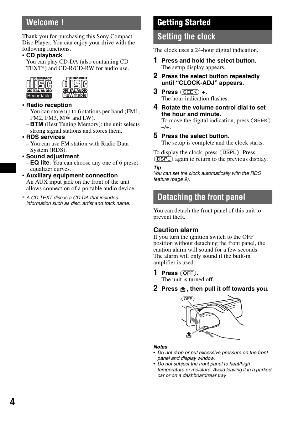 Welcome, Getting started, Setting the clock | Detaching the front panel, Setting the clock detaching the front panel, Getting started setting the clock | Sony CDX-GT111 User Manual | Page 4 / 76