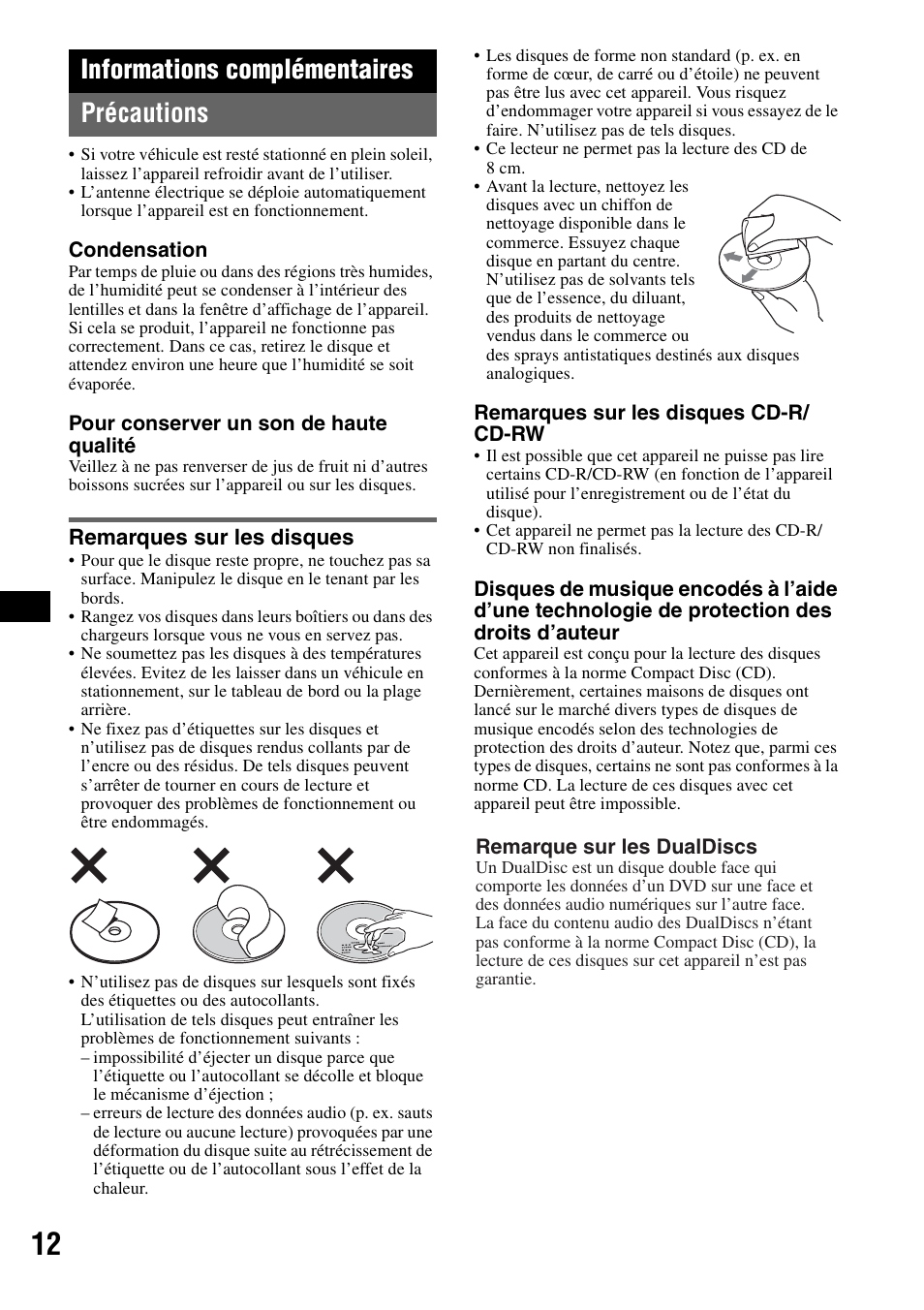 Informations complémentaires, Précautions, Remarques sur les disques | Informations complémentaires précautions | Sony CDX-GT111 User Manual | Page 42 / 76