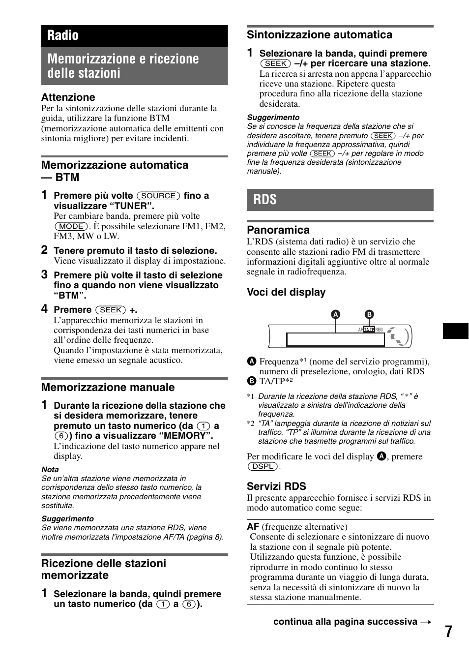 Radio, Memorizzazione e ricezione delle stazioni, Memorizzazione automatica - btm | Memorizzazione manuale, Ricezione delle stazioni memorizzate, Sintonizzazione automatica, Panoramica, Memorizzazione automatica | Sony CDX-GT111 User Manual | Page 53 / 76