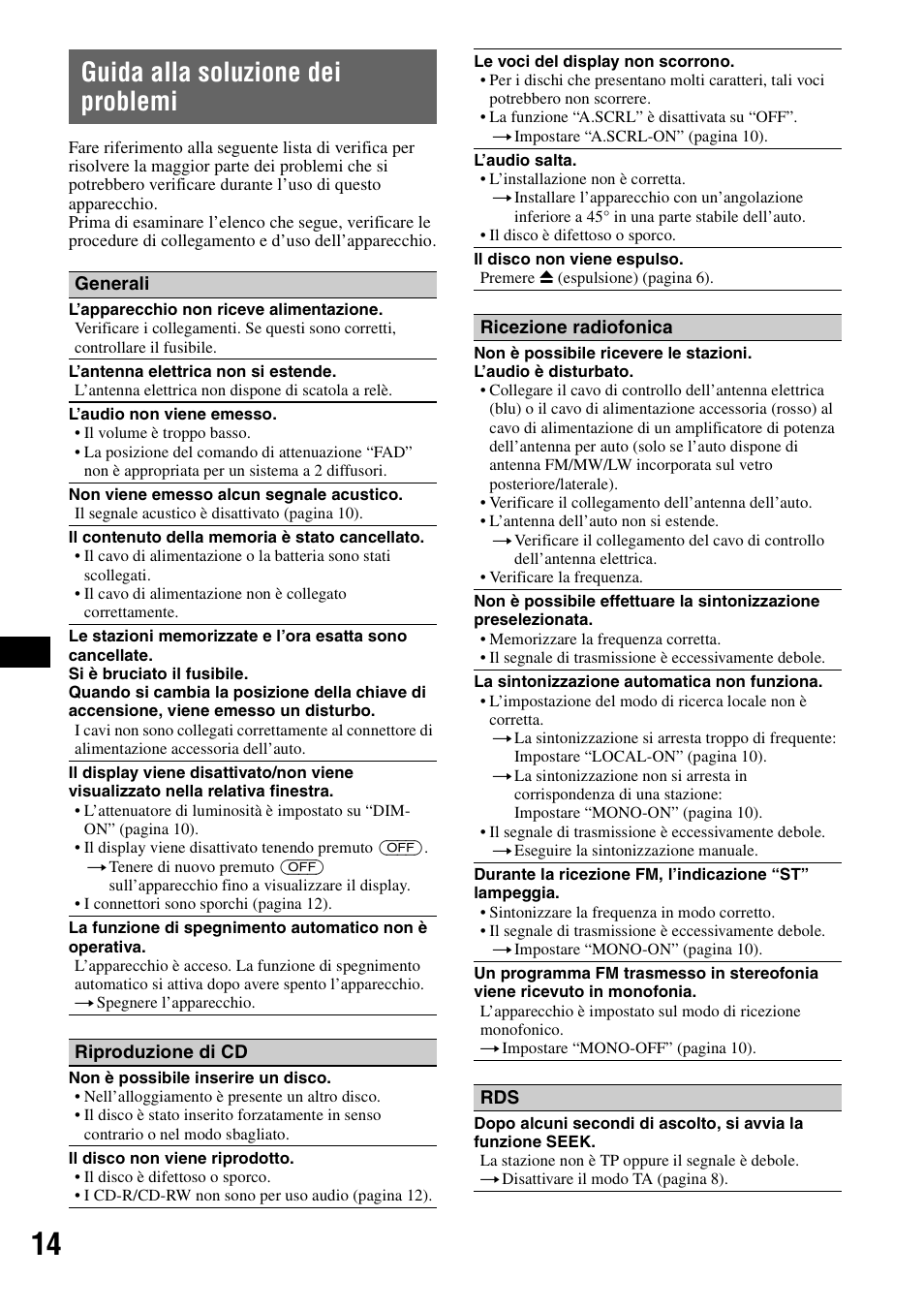 Guida alla soluzione dei problemi | Sony CDX-GT111 User Manual | Page 60 / 76