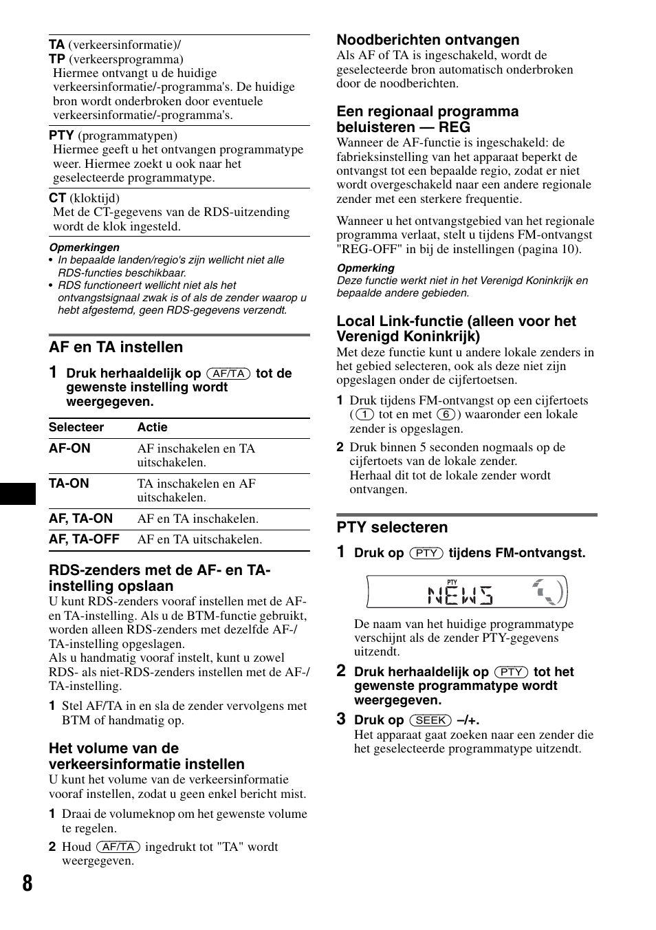 Af en ta instellen, Pty selecteren, Af en ta instellen pty selecteren | Sony CDX-GT111 User Manual | Page 68 / 76